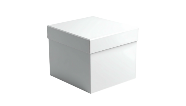 A simple, white, square box, with a lid, isolated against a black background