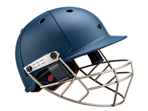 Dark blue metallic cricket helmet with protective face grill for batsman protection in sports and athletic activities for competitive play - Powered by Adobe