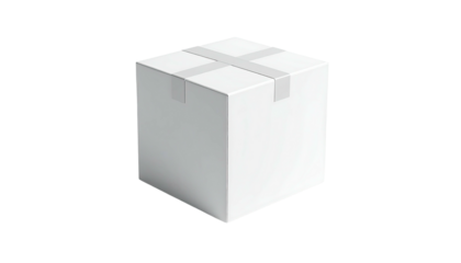 A plain white cardboard box with taped flaps, centered on a black background