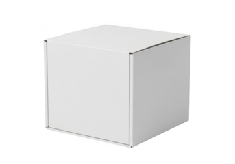 Stock photo of a plain white cardboard box, packaging container, cube shape, mockup template for product display, isolated on transparent background