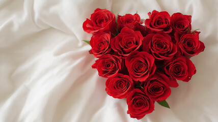Red roses arranged in a heart shape on soft white create a romantic ambiance Generative AI