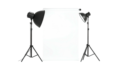 Studio setup with backdrop, two lights on tripods, ready for a shoot