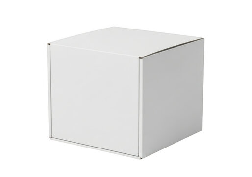 Stock photo of a plain white cardboard box, packaging container, cube shape, mockup template for product display, isolated on transparent background