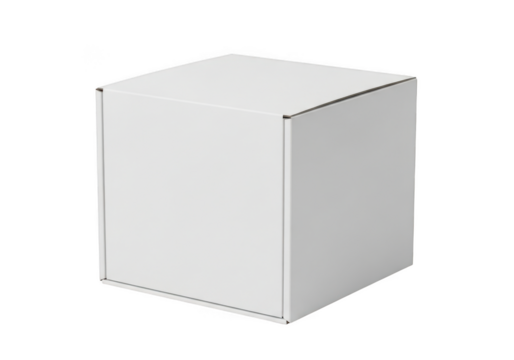 Stock photo of a plain white cardboard box, packaging container, cube shape, mockup template for product display, isolated on transparent background