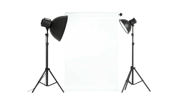Studio setup with backdrop, two lights on tripods, ready for a shoot