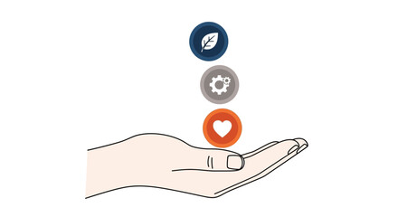 Hand holding icons representing sustainability, technology, and care, isolated on