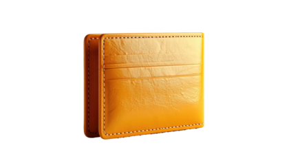 A close-up shot of an open, stitched leather wallet in vibrant orange color