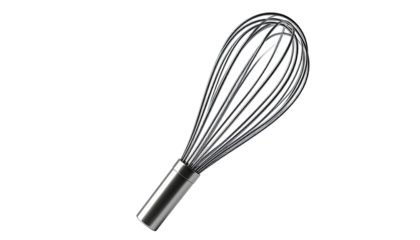 A chrome whisk against a black background, angled for efficient mixing