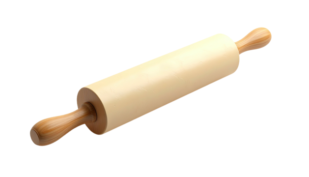 Cylindrical, light-toned wooden rolling pin with dark wooden handles, on black
