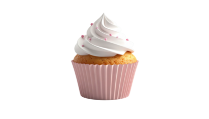 Isolated cupcake with fluffy white frosting and pink sprinkles, in pink paper