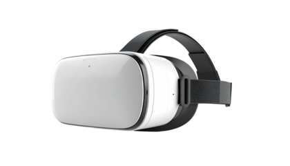 White and black VR headset, angled, floating against a black background