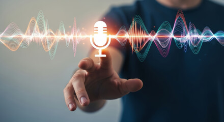 Focused person using voice activated ai search technology. finger touches glowing microphone icon on soundwave