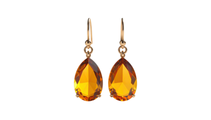 Two delicate teardrop earrings with faceted amber-colored gems against a dark background