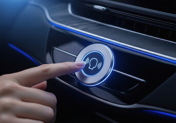 Finger press on car button for voice activated ai search. Smart technology offers convenient control and futuristic feel