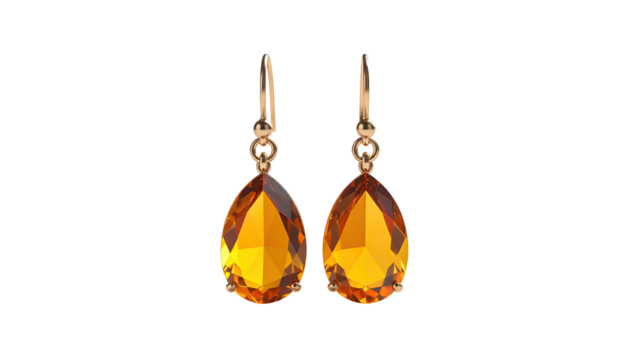 Two delicate teardrop earrings with faceted amber-colored gems against a dark background