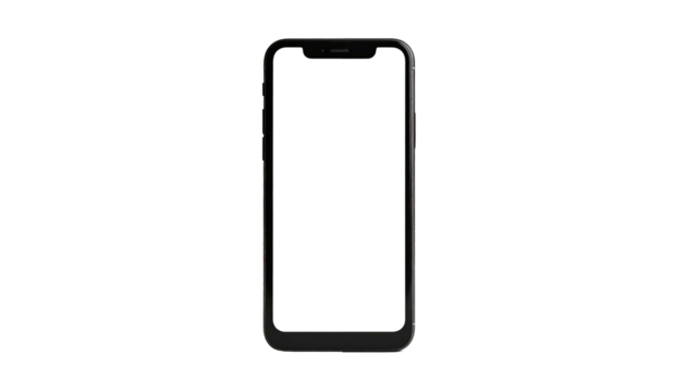 A dark modern smartphone, off, set against a black background