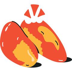 Two abstract stylized red and yellow mangoes with segmented tops and flat black shadow isolated on white background with transparent background effect