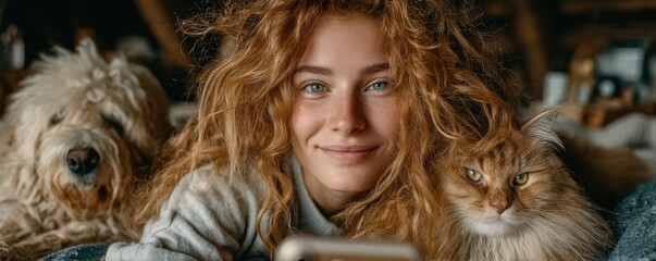 Woman on sofa with her dog and cat, smiling at her phone in a cozy home moment