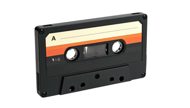 A classic, black audio tape cassette with a striped label, angled on a black background