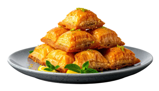 Pyramid of golden, flaky pastry on a gray plate, garnished with herbs