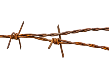 Rusty barbed wire fence strand with sharp points crossing over a second strand, representing boundary, security, or restriction, ideal for themes of exclusion or property lines.