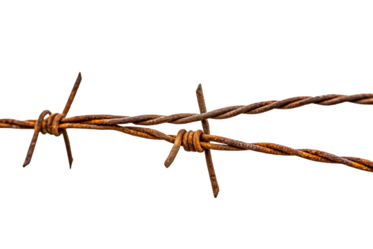 Rusty barbed wire fence strand with sharp points crossing over a second strand, representing boundary, security, or restriction, ideal for themes of exclusion or property lines.
