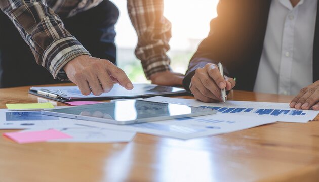 Two business professionals collaborating, reviewing documents and discussing data analysis.