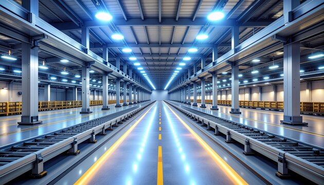 Interior view of a brightly lit, modern industrial warehouse with symmetrical rows of support beams and a central pathway.