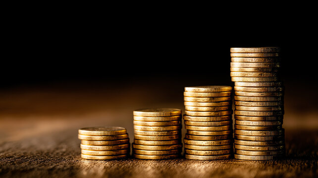 Glistening gold coins form increasing stacks on a rustic wooden surface, representing growth Generative AI