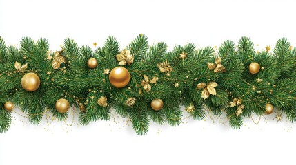 Seamless decorative christmas border with coniferous branches and garlands of christmas lights on transparent background with border, glow, sparkle