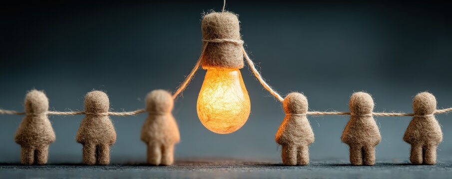 Business team holds a lightbulb idea above the group, symbolizing teamwork and shared innovation.