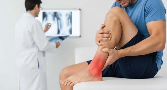 Achilles tendon injury, joint inflammation, foot pain, man suffering from feet ache, podiatry concept, Achilles pain, foot health, orthopedics, and related medical condition.barefoot, beach, beach, ch