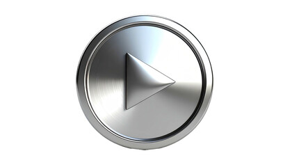 Shiny, silver, metallic play button with a dark, black background