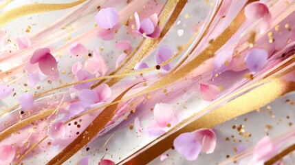 A digital illustration of a pink and gold ribbon with scattered pink petals and golden confetti against a white background.
