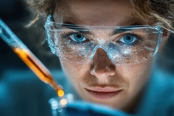 Close-up of a female scientist wearing safety goggles holding a test tube in a laboratory