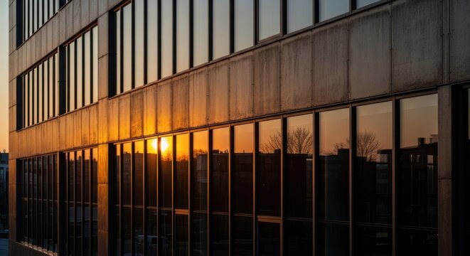 Golden Sunset Reflecting on the Glass Windows of a Modern Concrete Building Facade