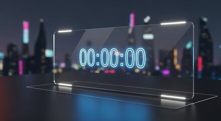 Futuristic transparent digital clock displaying midnight time against a moody cityscape background