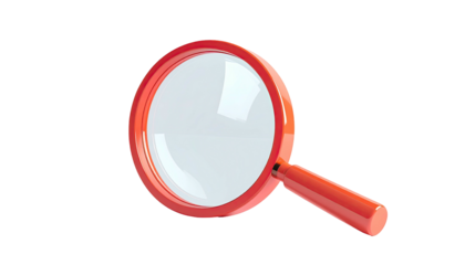 A bright red magnifying glass, isolated on a black background, clear lens