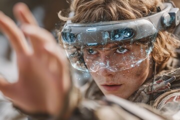 Young man in VR headset reaches out, immersed in a digital world with intense focus and curiosity