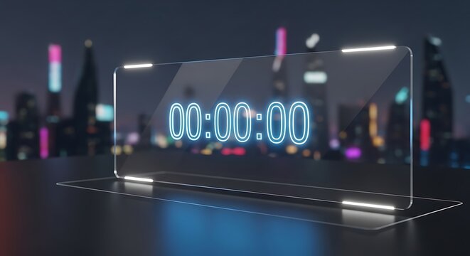 Futuristic transparent digital clock displaying midnight time against a moody cityscape background