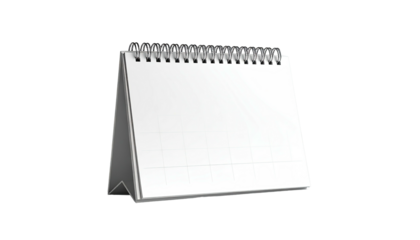 A blank desk calendar with a white spiral binding, isolated on black