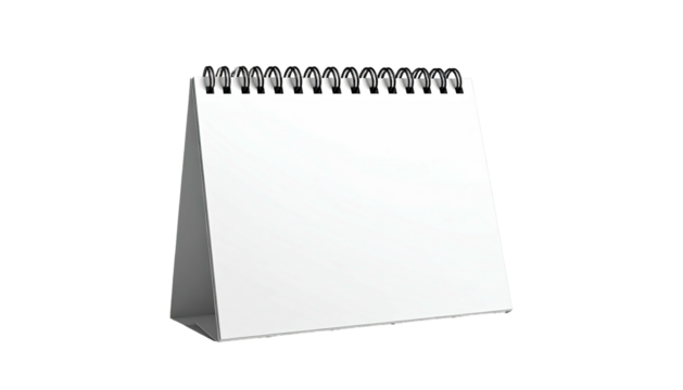Blank, white desktop calendar, spiral bound at top, angled against a black background