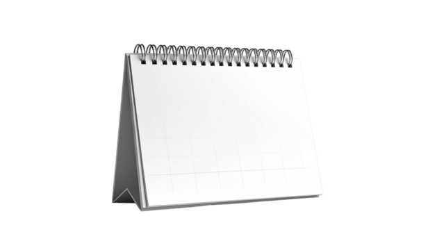 A blank desk calendar with a white spiral binding, isolated on black