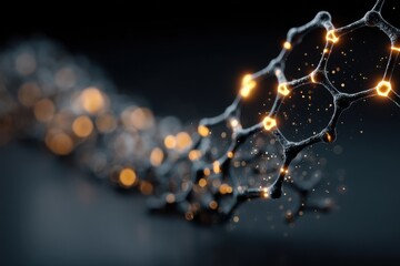 Abstract technology background with glowing orange nodes connected by a dark blue network