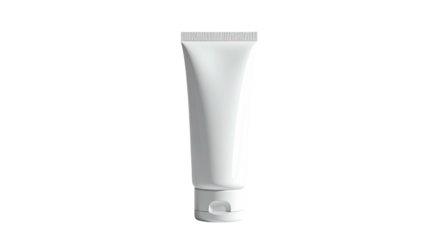 White plastic tube with a ribbed opening and rounded base against black background
