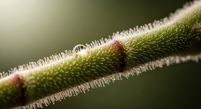 Intricate macro view of a single water droplet on a hairy green plant stem with soft light.