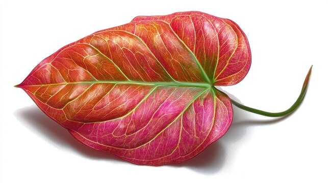 A vibrant red and pink leaf with a green stem, lying on a white surface with a shadow cast on the ground.
