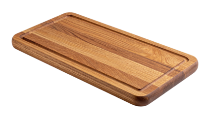 Rectangular wooden cutting board with juice groove, isolated on black background