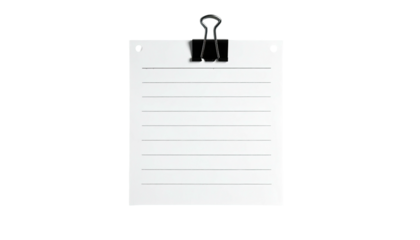White lined paper clipped to a holder, against a black background