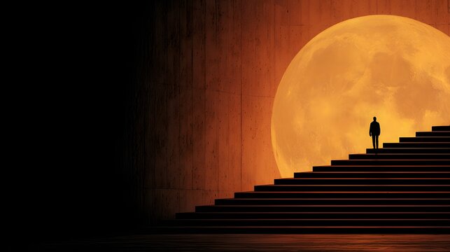 Solitary silhouette ascends illuminated steps toward massive celestial sphere
